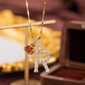 Gold necklace with sparkling crystal letter R and red apple pendants for women - Letter R