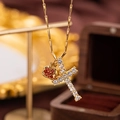 Gold necklace with sparkling crystal cross and red apple heart charms for women - Letter T