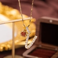 Gold letter V necklace with pavé crystals and sparkling red apple pendant charm - Letter V