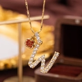 Gold letter W apple pendant necklace with full rhinestones and fine cable chain - Letter W