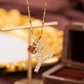 Golden necklace with red apple and micro-pave letter Y charms on delicate chain - Letter Y