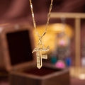 Golden Gothic letter F pendant necklace with sparkling cubic zirconia on link chain - Letter F