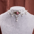 Vintage white lace choker with a pink satin rose and pearl pendant details - White Lace Pink Rose Style