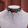 Gothic lace choker necklace featuring red silk rose and white pearl pendants in vintage style - Black Lace Red Rose Style