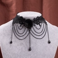 Gothic black lace choker featuring a plush ball and layered metallic chains with drop beads - Black Lace Black Ball Tassel Style