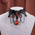 Gothic black lace choker with vintage red rhinestones and elegant metallic chain accents - Black Lace Four Red Oval Rhinestone Style