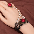 Gothic lace hand chain bracelet with red fabric rose and pearl ring attachment - Slave Bracelet With Ring Red Rose Artificial Pearl Style