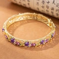 Bracciale traforato vintage in oro con fiori smaltati viola e diamanti bianchi - Rosa - Viola Bicolore