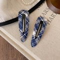 Vintage navy blue checkered fabric BB hair clips for women with elegant pearl accents - Plaid Teardrop Style