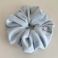 Detailed close-up of soft blue velvet scrunchie showing plush texture and Korean style - Blue