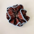 Vintage retro plaid scrunchie for women with blue stitched edges and large fabric pleats - Brown Plaid