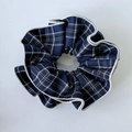 Detailed close-up of dark blue plaid scrunchie with crisp white checked patterns - Navy Plaid White Edge