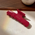 Detalle de pinza para el pelo de acetato burdeos con letras doradas sobre fondo de lona - Rojo