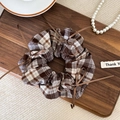 Close-up of brown plaid scrunchie with ribbons on a vintage wooden tray background - Brown White Plaid (Type E)