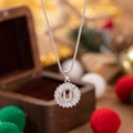 Silver letter U pendant necklace with zircon halo on square chain and wooden box - Letter U