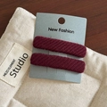 Detail of burgundy twill fabric BB hair clips set on elegant display packaging card - Wine Red Pair