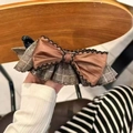 Detail einer braunen Satin-Haarklammer mit Karomuster und gewellten schwarzen Rändern - Braun