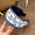 Detail of bohemian floral headband with purple hand-stitched embroidery edge - Blue & White Floral Wide