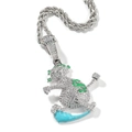 Iced out silver hip hop running money bag pendant with green zircon dollar sign and rope chain - Silver + 3mm 24inch Rope Chain