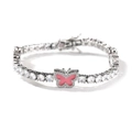 Close-up of silver tennis bracelet featuring pink enamel butterfly and clear zircon stones - Silver (Pink Butterfly)