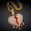 Hip hop heart pendant necklace in gold with red cracked design and sparkling zircons - Rope Chain Necklace / Gold Tone Broken Water Drop Heart