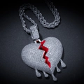 Hip hop style broken heart pendant necklace with white zircons and red dripping detail - Rope Chain Necklace / Silver Tone Broken Water Drop Heart