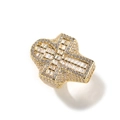 Detail of hip-hop cross ring in gold plating featuring pave set cubic zirconia stones - US 7 / Gold