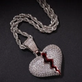 Iced out heart pendant hip hop necklace with red enamel crack and cubic zirconia - Rope Chain Necklace / Silver Mini Zircon Broken Heart