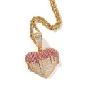 Hip-hop heart pendant necklace with red and white zircons in a melting gold finish - Rope Chain Necklace / Gold Corundum Colored Zircon Heart