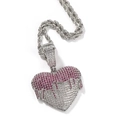 Hip hop heart pendant necklace with pink and white pavé cubic zirconia in rope chain - Rope Chain Necklace / Silver Corundum Colored Zircon Heart