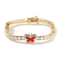 Gold tennis bracelet featuring a bright red butterfly charm and clear zircon stones - 6inch Bracelet / Gold (Red Butterfly)
