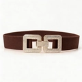 Brown elastic waist belt for women with golden rhinestone interlocking buckle - Coffee