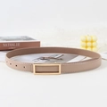 Minimalist beige leather belt for women with sleek gold rectangular buckle and stitching - 105 / Khaki