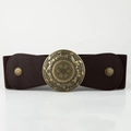 Vintage dark brown elastic wide belt with ornate bronze floral embossed buckle - Coffee