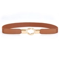 Women's brown elastic belt with leather details and interlocking gold metal buckles - Camel