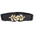 Elastic black skinny belt with a vintage gold double leaf buckle and leather trim - Black