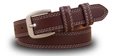Slim dark brown leather belt with white double stitching and silver semicircular buckle - Red Brown