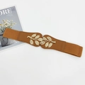 Brown elastic waist belt for women with decorative golden metal leaf buckle - Camel