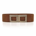 Brown elastic wide waist belt for women with interlocking gold square metal buckle design - Camel