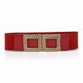 Elastic red waist belt for women with elegant golden square metal interlocking buckle - Red