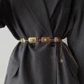 Bohemian carved metal waist chain with turquoise inlay and camellia pendant on a suit blazer - Rectangle Gold