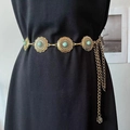 Detail of bohemian gold waist chain with carved flower badges and turquoise beads - Round Gold