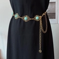 Vintage bohemian gold waist chain with turquoise circular stones and floral pendant - Hollow Gold