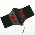 Detail of red rose embroidery on a black wide lace-up elastic waist belt for dresses - Black