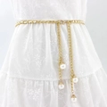 Elegant gold metal waist chain with white leather weave and decorative pearl charms - White