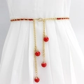 Elegant gold metal waist chain with red velvet ribbon and pearls on a white dress - 135cm (Extended) / Red