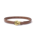 Detailed macro view of the gold knot buckle and brown leather strap of the belt - 105 / Camel