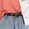 Brown leather minimalist belt with golden buckle on blue jeans for women - Pin Buckle Narrow Belt / Coffee