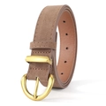 Close-up of brown faux suede belt with vintage golden D-ring buckle and precise stitching - Caramel color