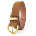 Detail of dark brown faux suede belt with vintage gold horseshoe buckle and fine stitching - Camel